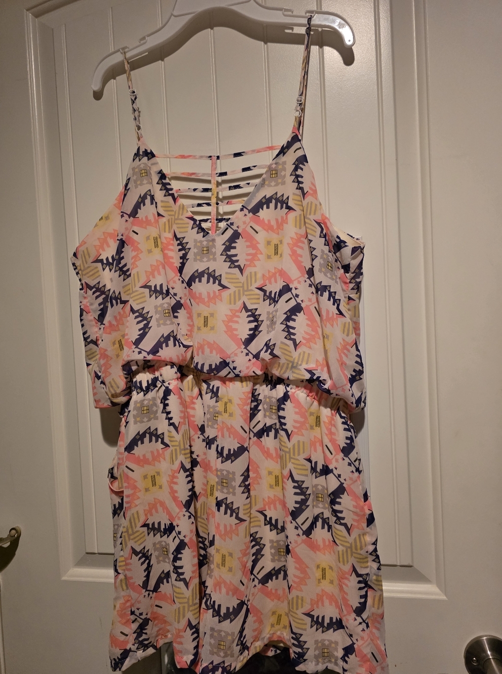 Women’s Neon Geo Print Romper - Pink, Yellow & Navy - Picture 2 of 4